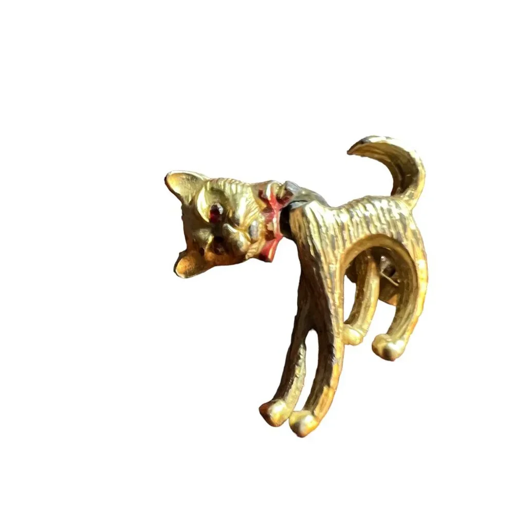 Cat Brooch Gold Tone‎ Red Tie Articulated Moving Head Vintage Kitten Pin